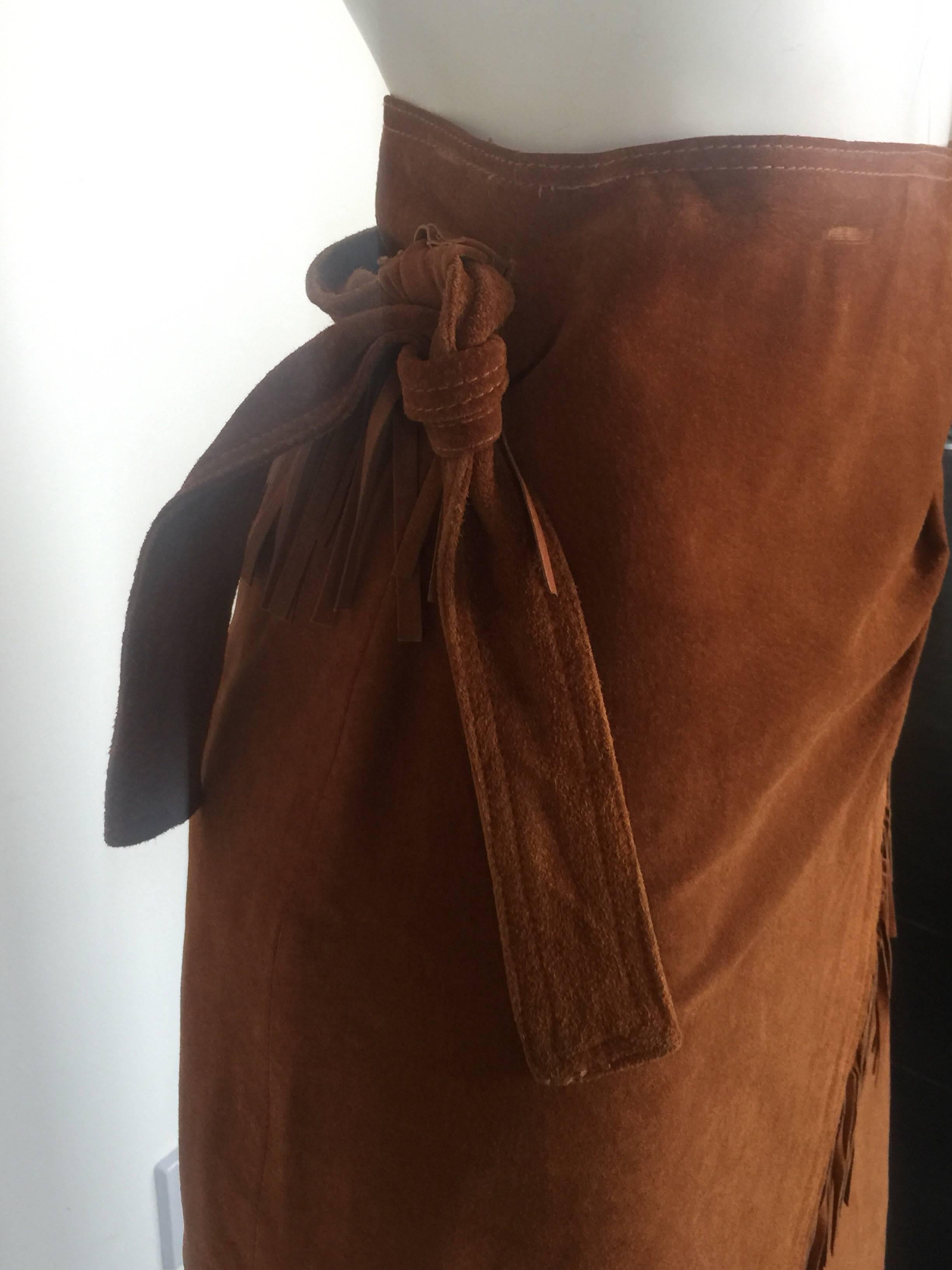 Brown Suede fringe wrap skirt For Sale