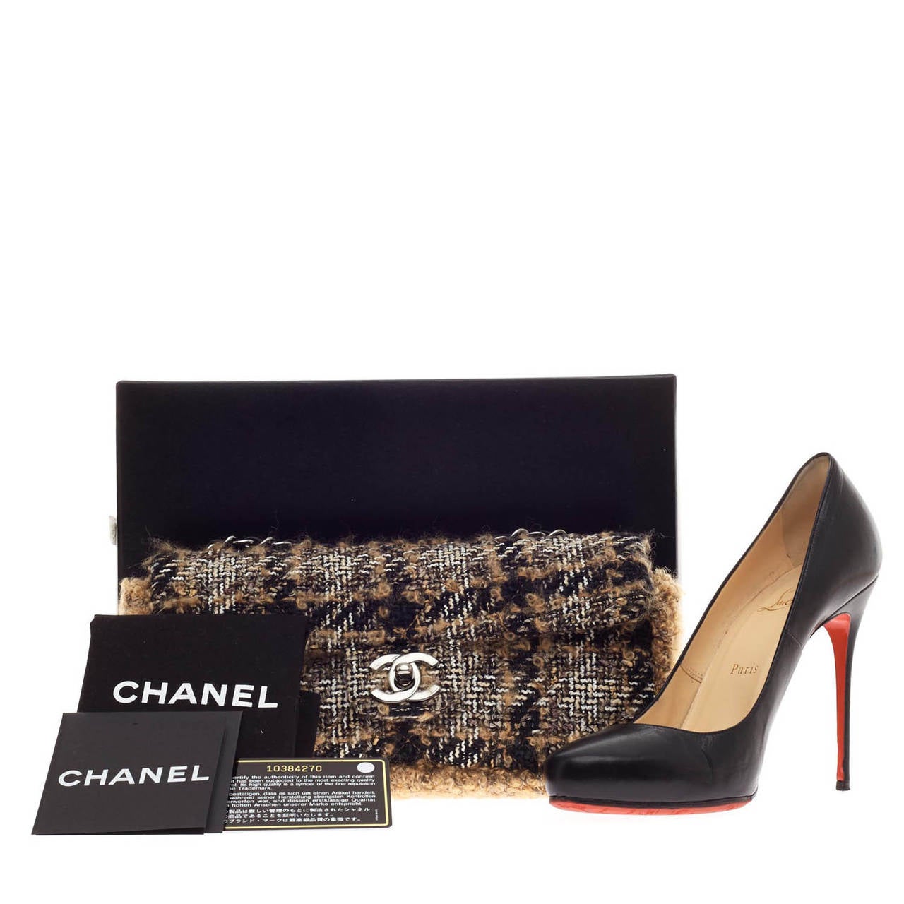 This authentic pre-owned Chanel Flap Bag Tweed in East West size is a callback to Coco Chanel's iconic Tweed pieces. Constructed with black, white, and tan woven bouclé tweed, this compact and petite bag is surrounded at the base with sandy