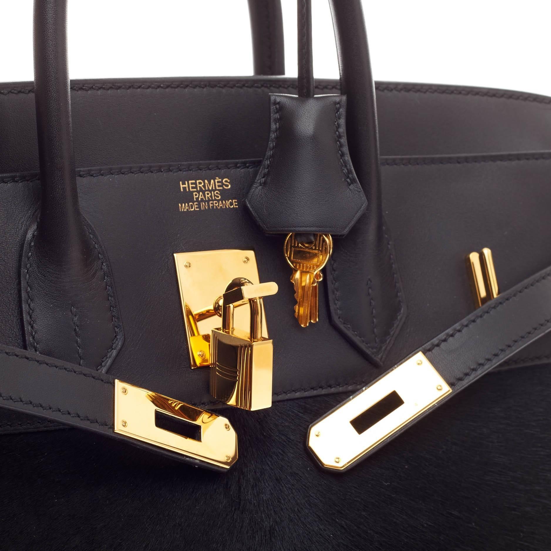 Women's or Men's Hermes Birkin Troika HAC Black Evercalf and Pony Hair with Gold Hardware 32