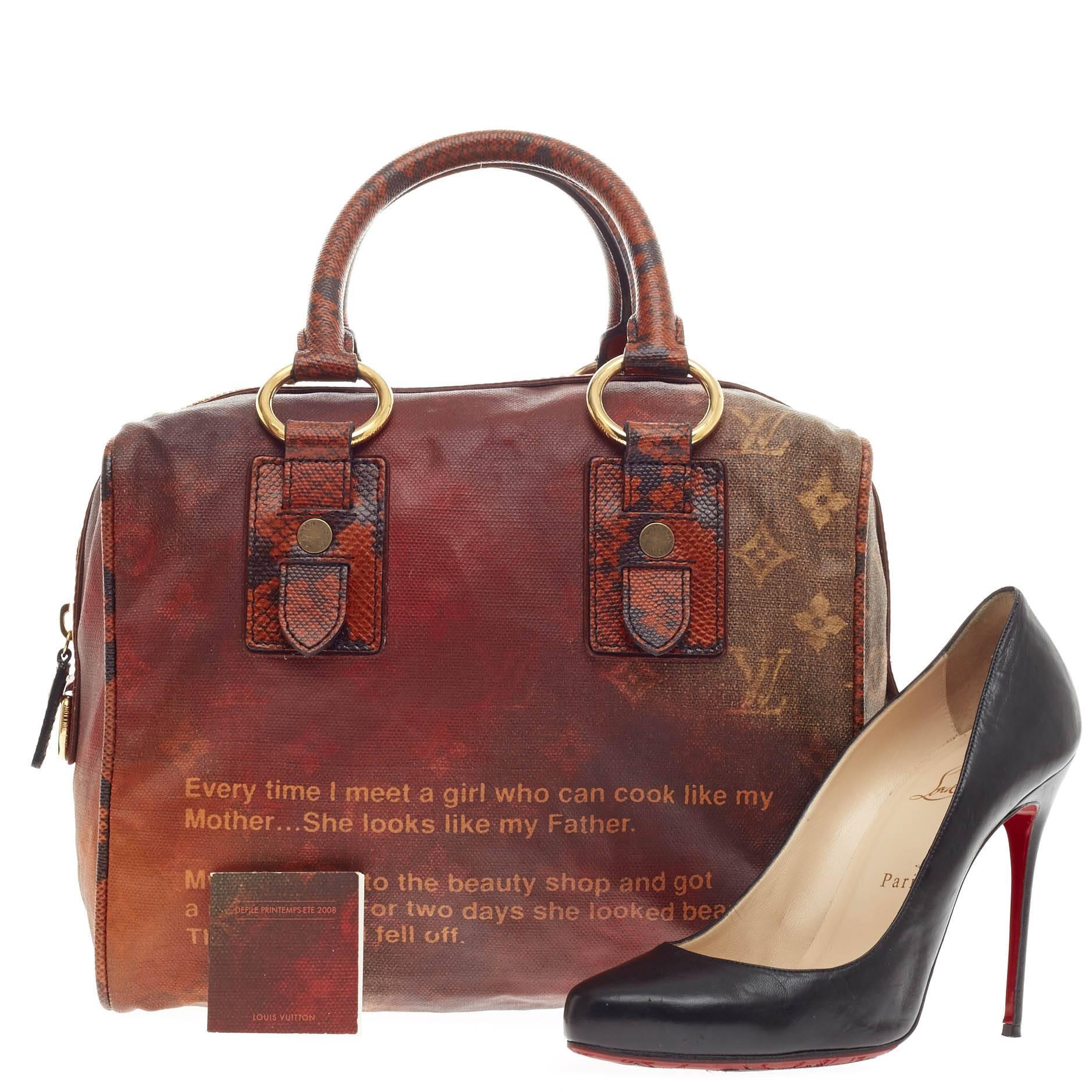 This authentic Louis Vuitton Limited Edition Mancrazy Jokes Monogram Canvas and Snakeskin presents a one-of-a-kind runway design created by American artist, Richard Prince. This funky yet chic bag is crafted in gradient acid color monogram coated