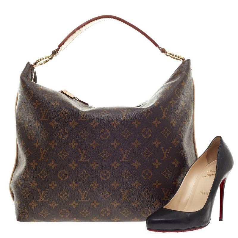 This authentic Louis Vuitton Sully Monogram Canvas MM mixes luxurious heritage style with a modern flair. Crafted in LV’s brown monogram canvas, this vintage-inspired hobo features a modern curved silhouette, thick vachetta cowhide looped strap,
