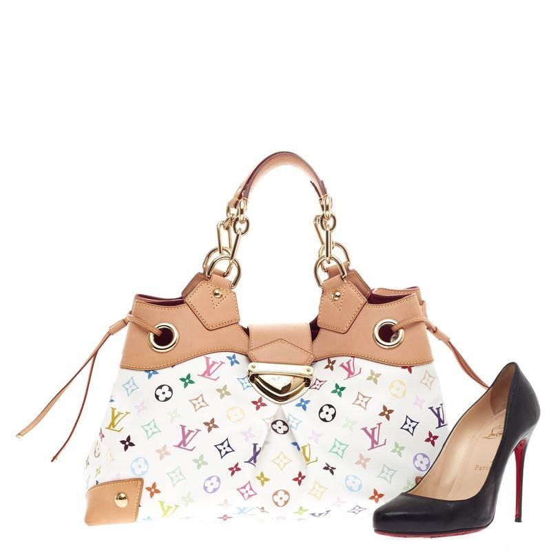 This authentic Louis Vuitton Ursula Monogram Multicolor mixes fun and functionality with a feminine twist. Designed in vivid white multicolor print and accented with vachetta cowhide leather, this stylish tote features chain handles, side drawstring