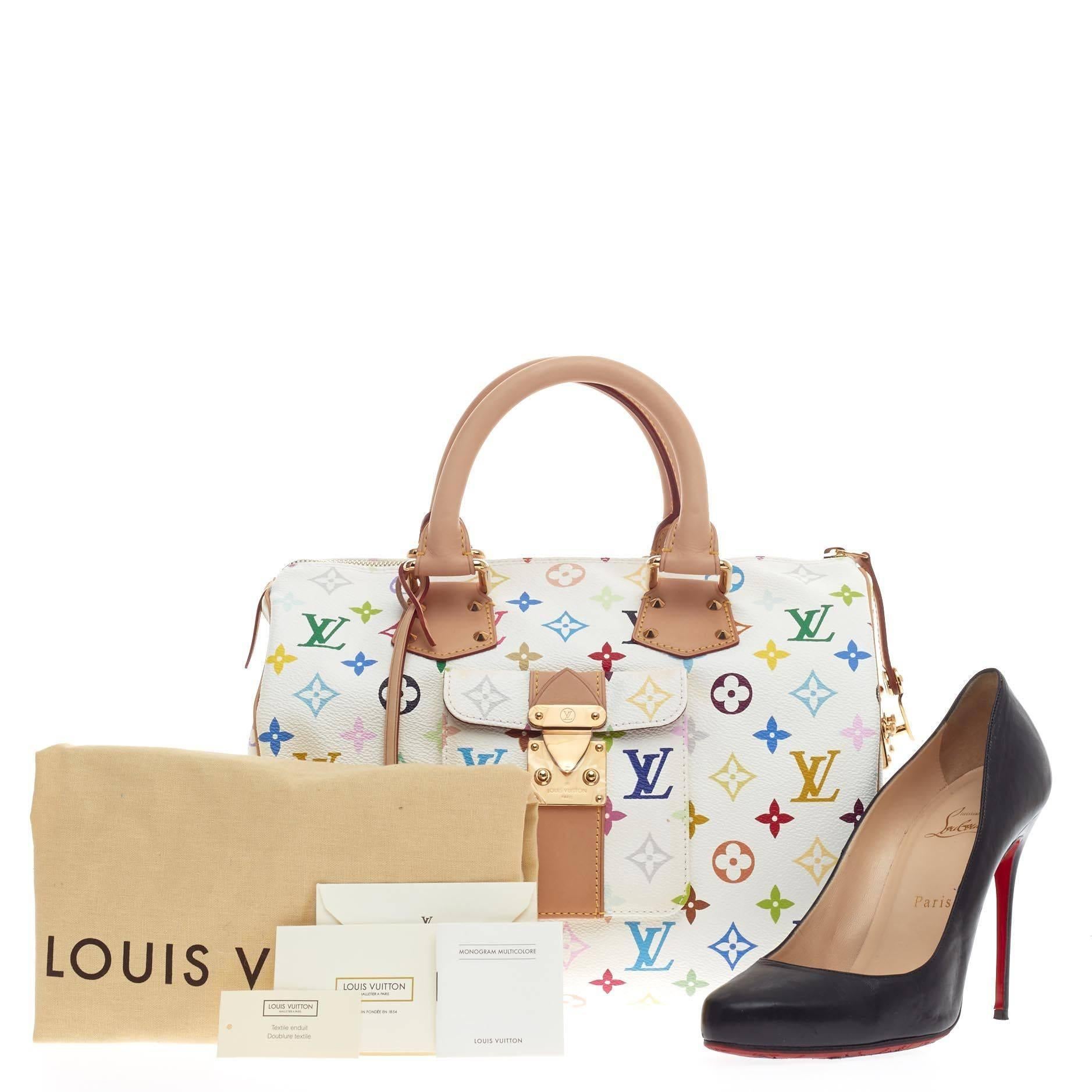 This authentic Louis Vuitton Speedy Monogram Multicolor 30 is vibrant and elegant, made for a sophisticated traveling fashionista. Crafted with Louis Vuitton’s signature white monogram multicolor coated canvas, this iconic bag features a front flap