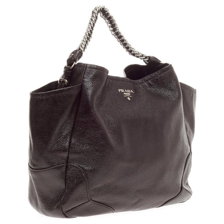 PRADA Black Leather silver chains Cervo Lux Bag