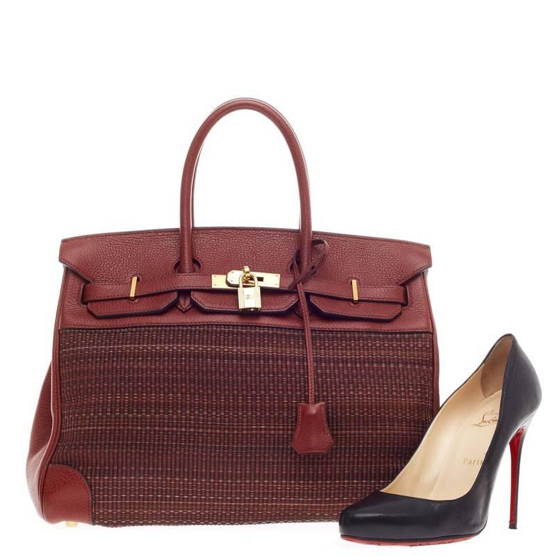 This authentic Hermes Birkin Rouge Buffalo Crinoline with Gold Hardware 35 is a modern interpretation of the classic Birkin. Crafted in unique, stiff crinoline and sturdy buffalo leather, this iconic tote features a lightweight canvas interior,