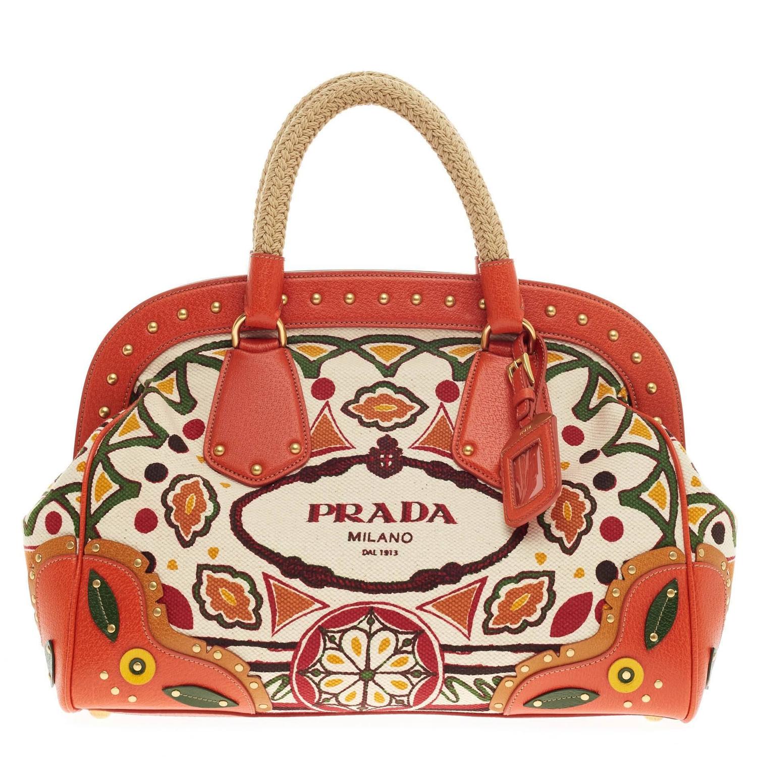 prada small backpack - Prada Canapa Frame Satchel Printed Canvas Medium at 1stdibs