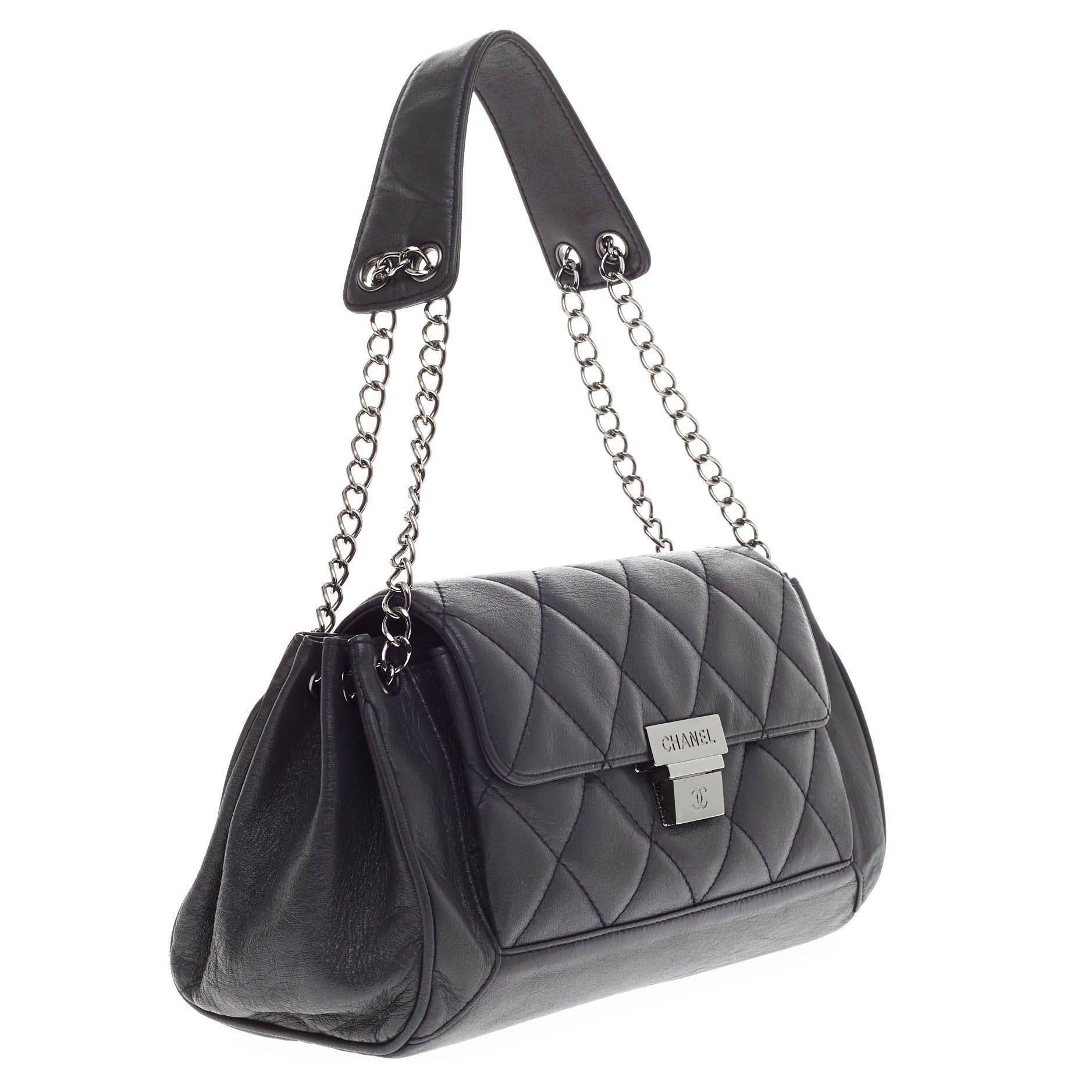 Black Chanel Accordion Push Lock Flap Bag Quilted Leather Medium