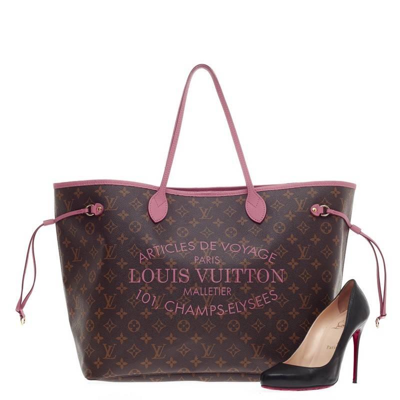 This authentic Louis Vuitton Neverfull Limited Edition Ikat Monogram Canvas GM inspired by the beautiful Mediterranean is unique in design perfect for casual look. Crafted in Louis Vuitton's signature monogram canvas print with pink calfskin leather