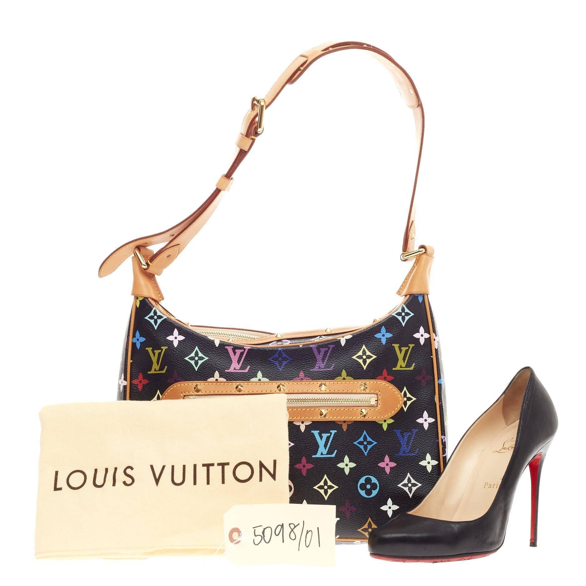 This authentic Louis Vuitton Boulogne Monogram Multicolor showcases a stylish and stunning design perfect for everyday use. Crafted from black monogram multicolor printed canvas, this elegant shoulder bag features an adjustable shoulder strap,