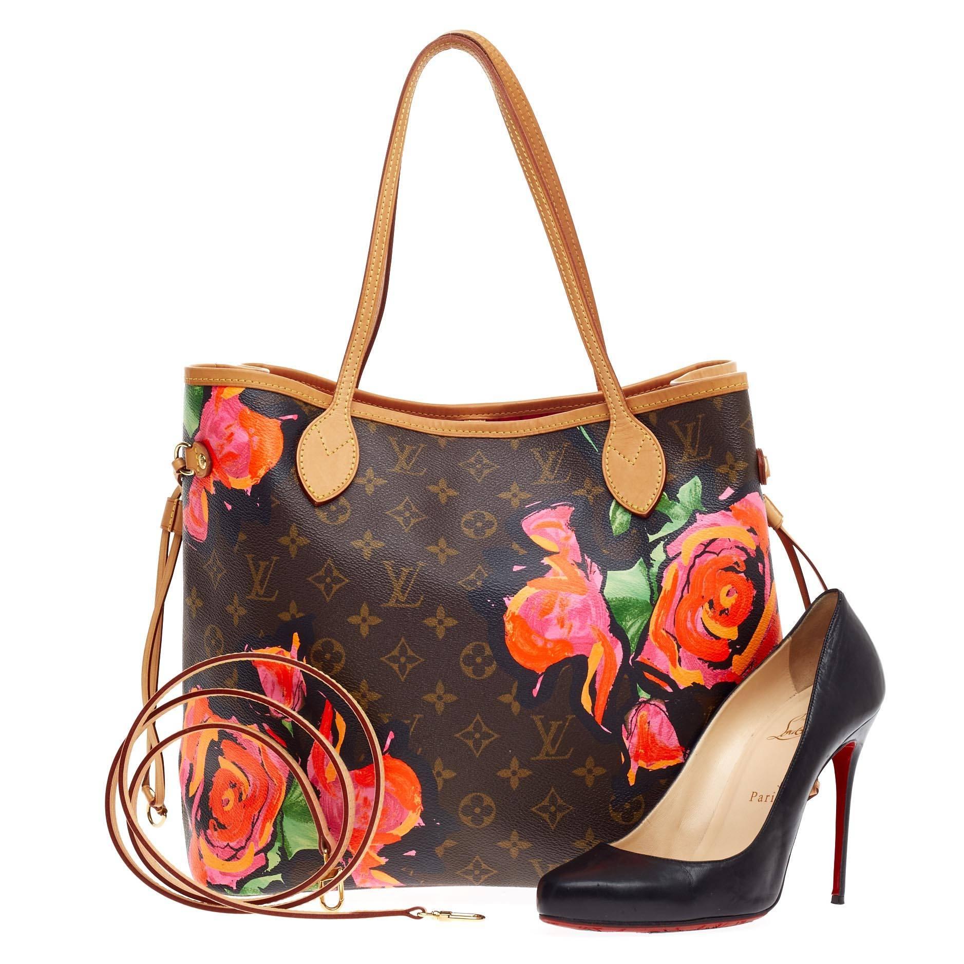 This authentic Louis Vuitton Neverfull Limited Edition Monogram Canvas Roses MM presented in the brand's Spring/Summer 2009 Collection created by Marc Jacobs to honor the American designer icon Stephen Sprouse updates its classic tote for a fresh,