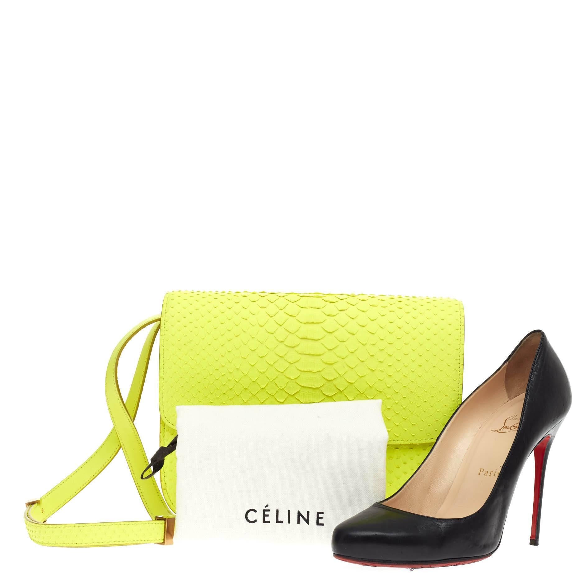 This authentic Celine Box Bag Python Medium presented in the brand's Spring/Summer 2012 Collection is a modern reinterpretation to Celine's classic box bags. Crafted from genuine fluo neon yellow python skin, this simple, front flap design features