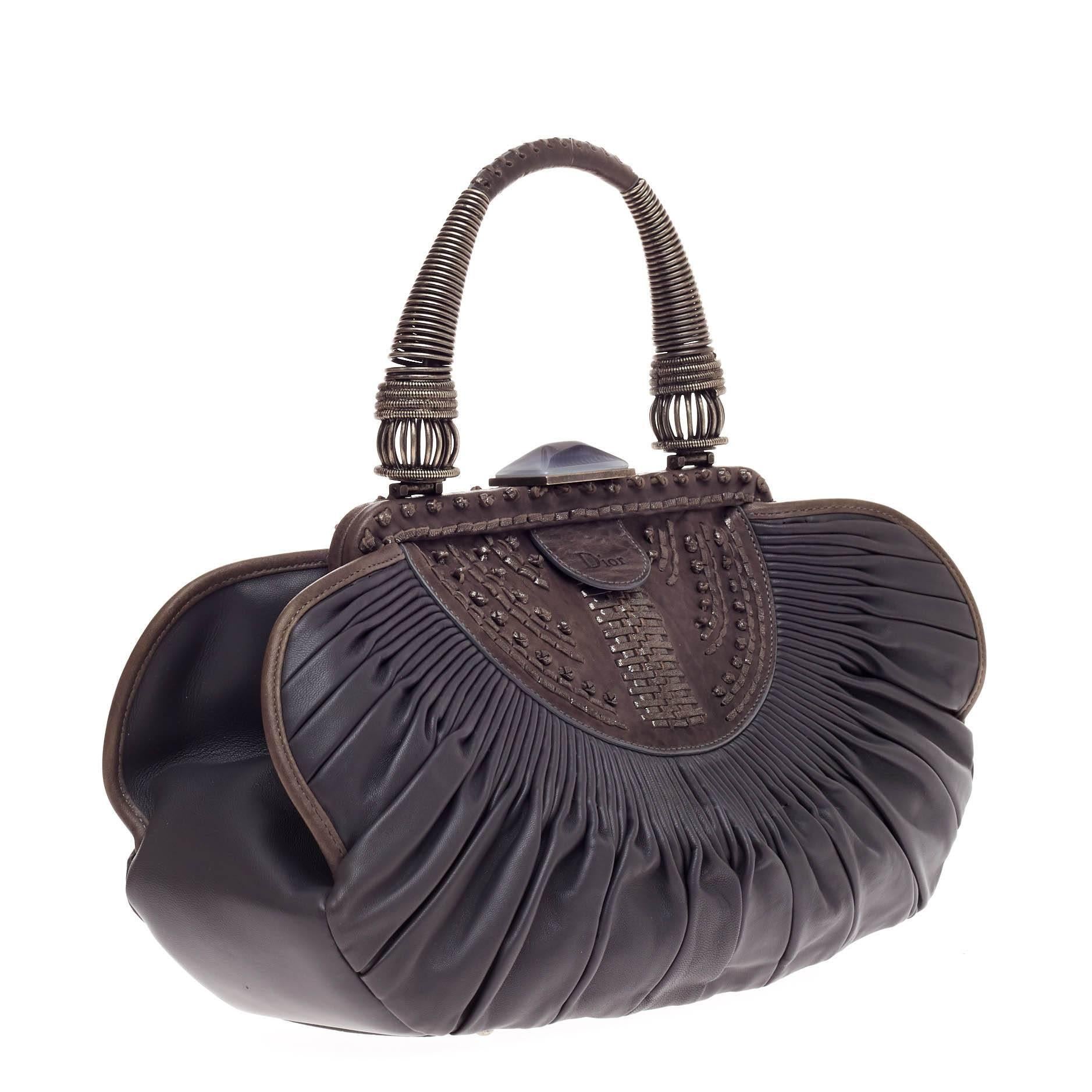 Black Christian Dior Plisse Frame Bag Pleated Leather Medium