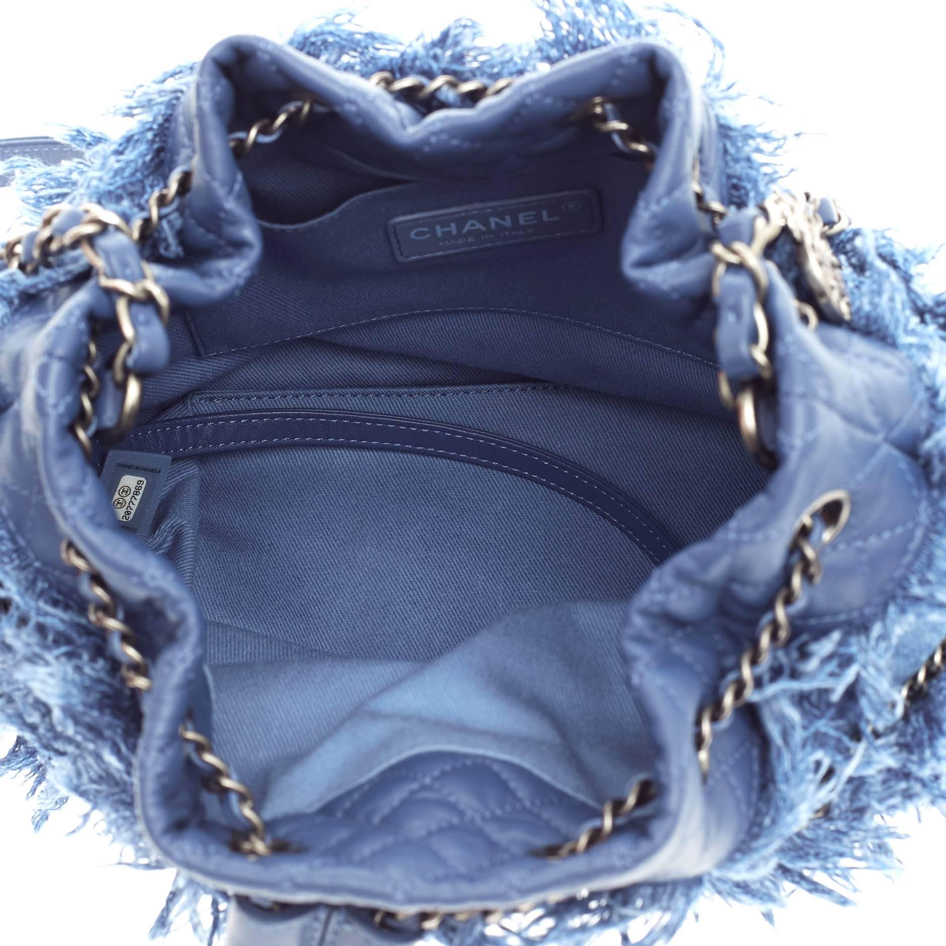 Women's or Men's Chanel Drawstring Charm Bucket Bag Fringe Denim