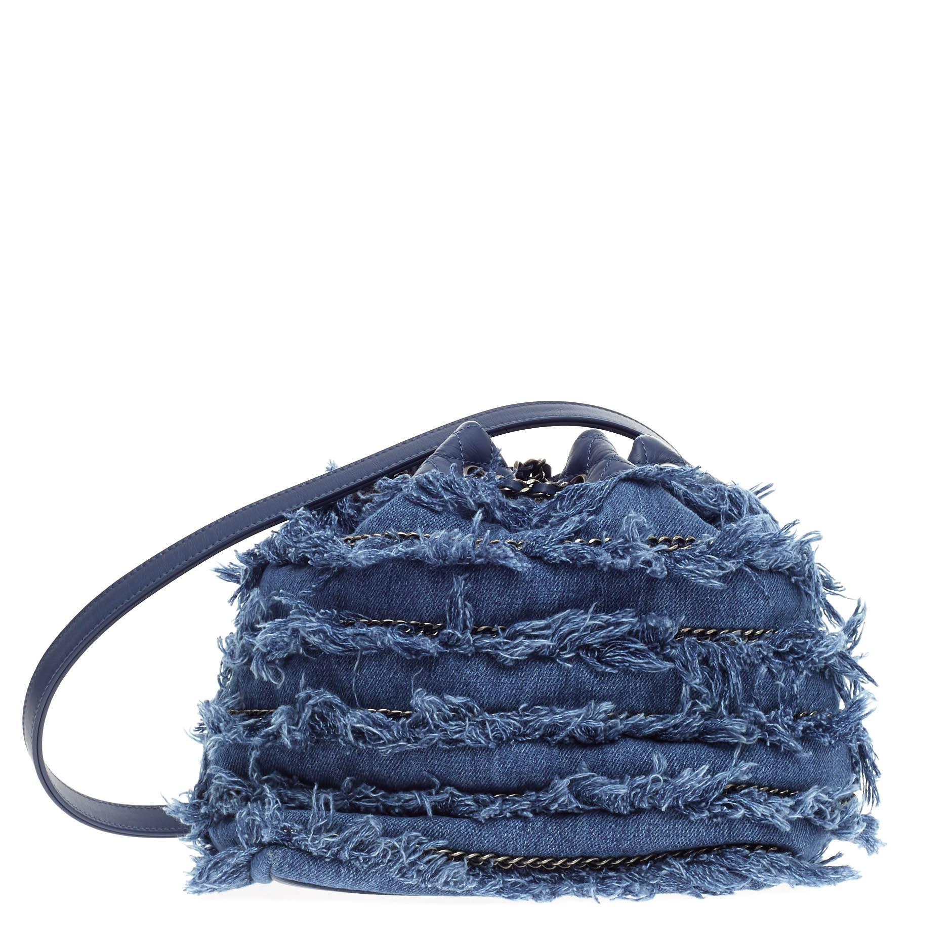Purple Chanel Drawstring Charm Bucket Bag Fringe Denim