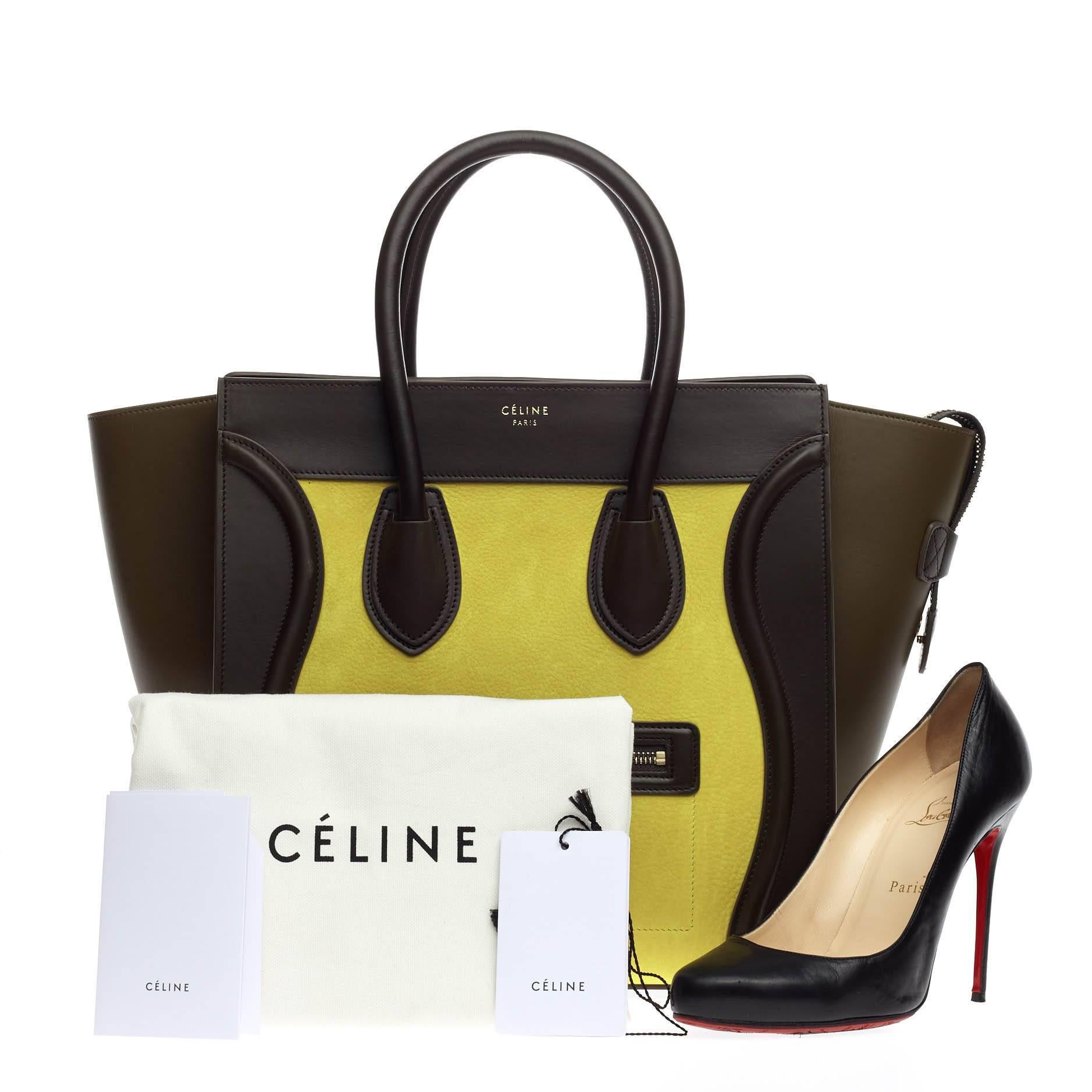 This authentic Celine Tricolor Luggage Nubuck Mini is an elegant day-to-day style essential for any fashionista. Constructed with tricolor shades of olive green calfskin wings with a bright yellow nubuck center and dark brown leather paneling, this