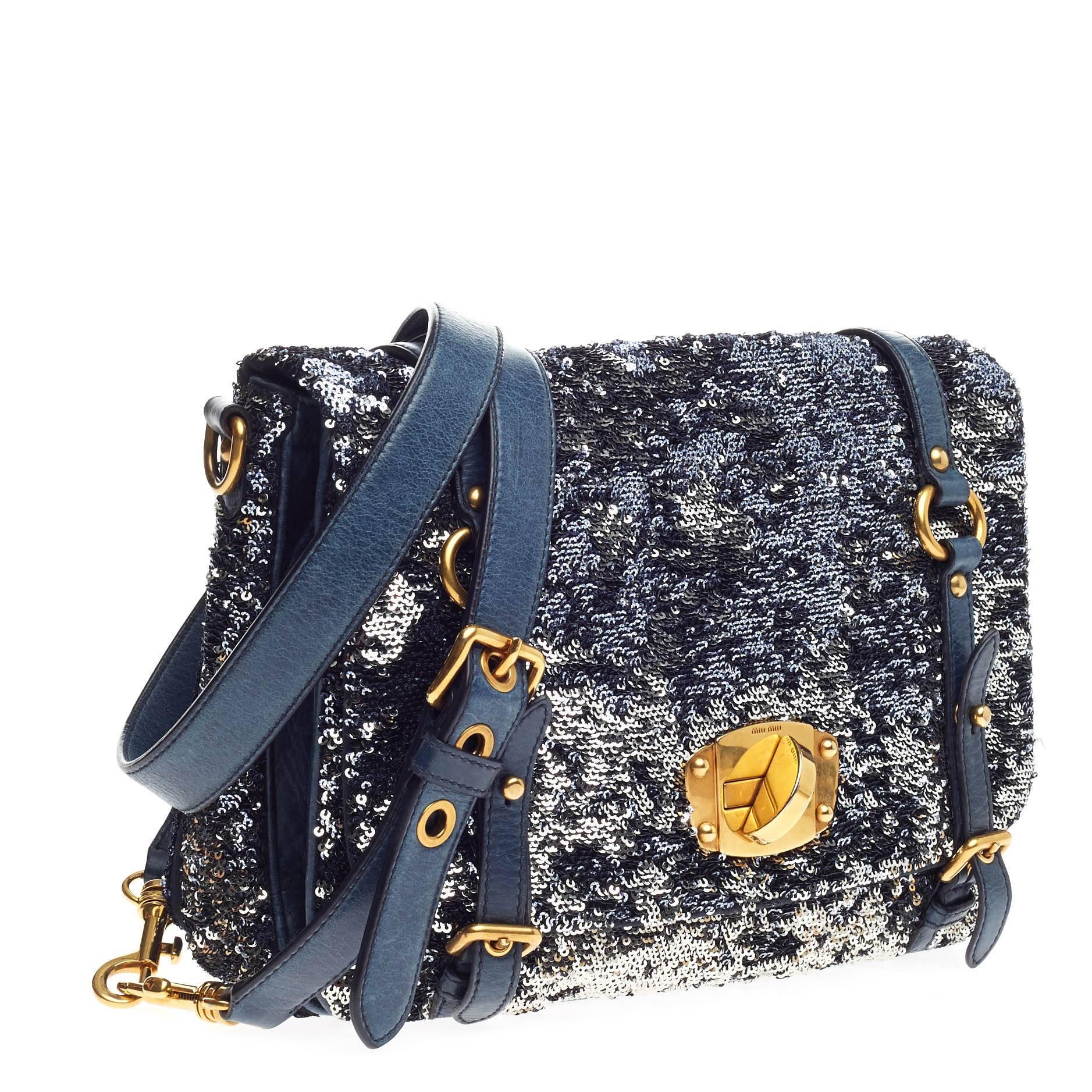 Miu Miu Flap Belted Messenger Sequin Embellished Leather Small In Good Condition In NY, NY