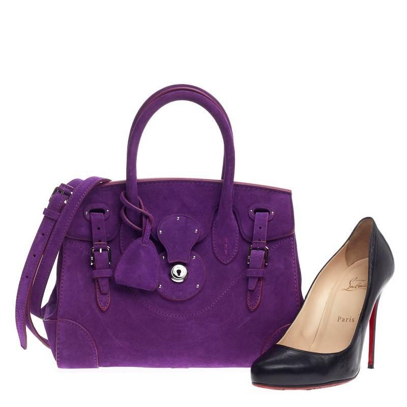 This authentic Ralph Lauren Collection Soft Ricky Suede 27 is one of the brand's most beloved styles. Crafted from vibrant royal purple suede, this understated, elegant tote features a boxy silhouette, a folded top with a slide-lock clasp and belted
