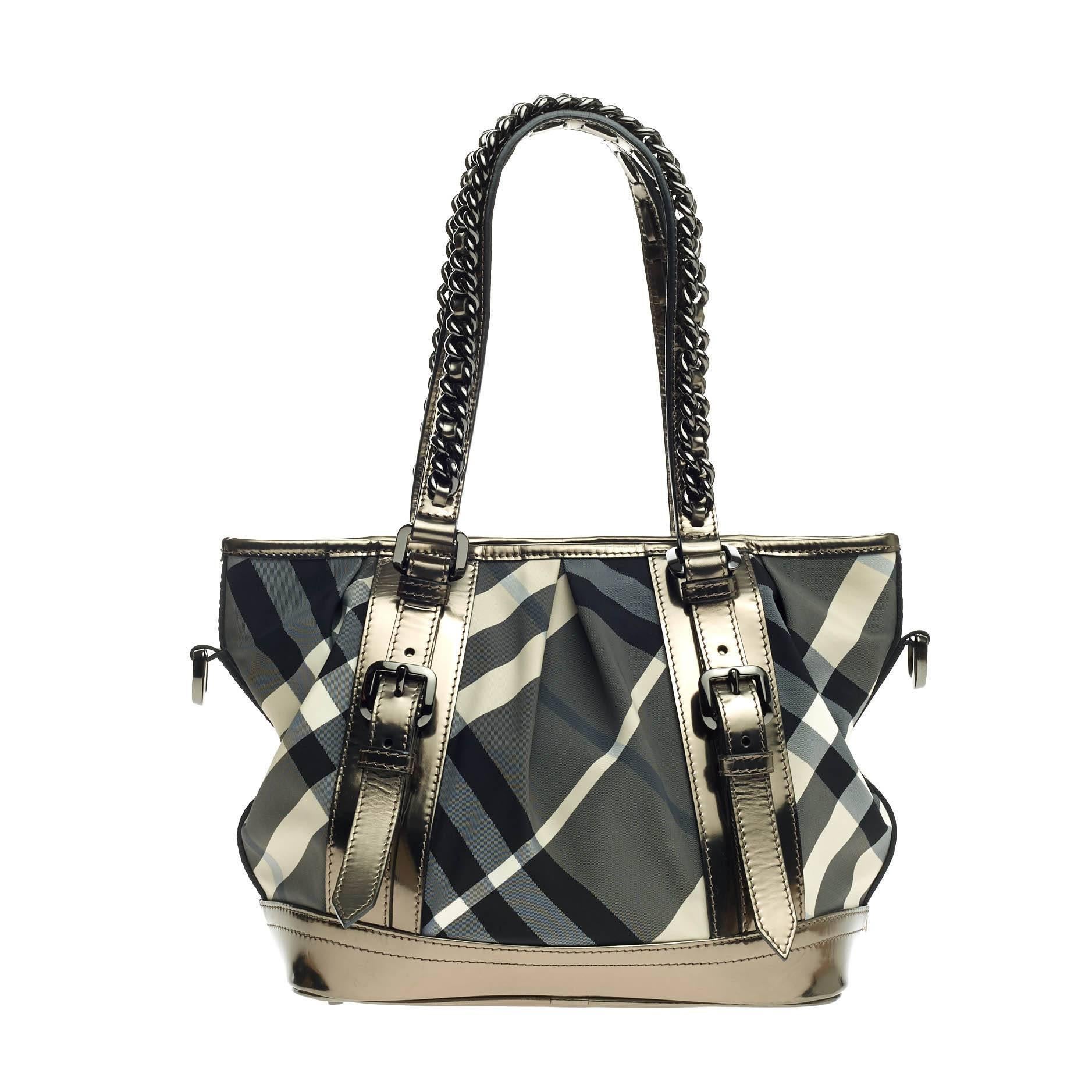 Burberry Lowry Convertible Chain Strap Tote Beat Check Nylon Medium In Good Condition In NY, NY