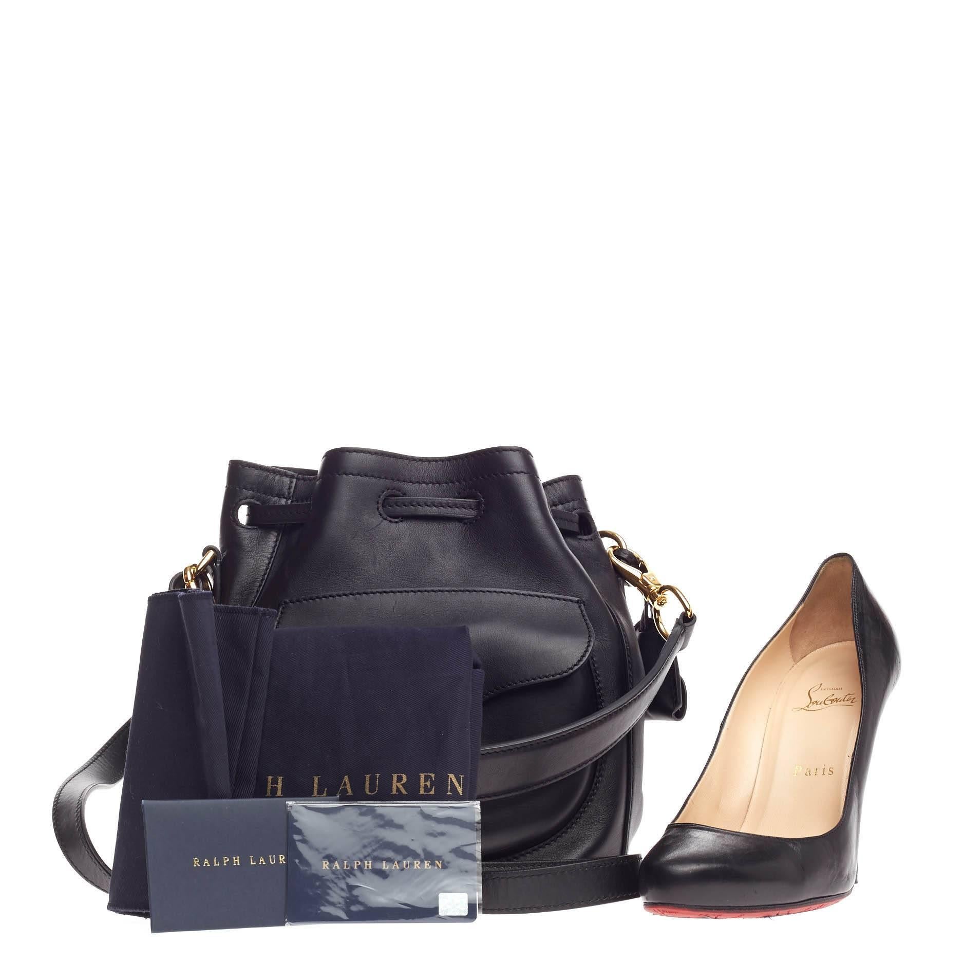 This authentic Ralph Lauren Collection Ricky Drawstring Bag Leather Small is a reinvention of the brand’s most loved Ricky collection. Crafted from black leather, this petite, stylish bucket bag features an exterior front flap pocket with signature