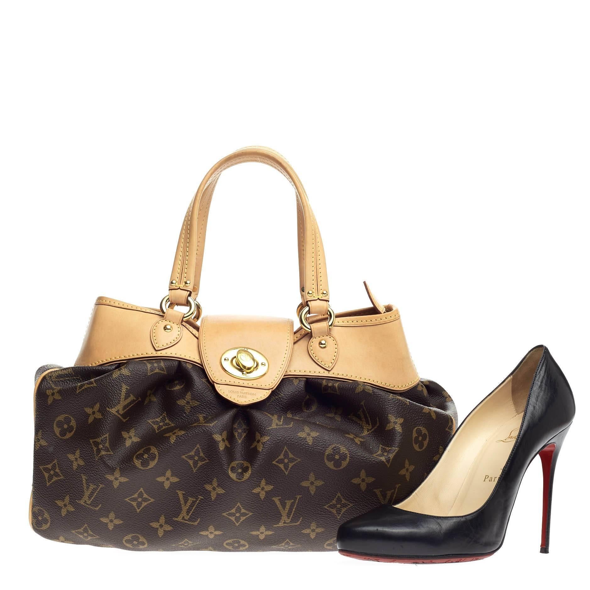 This authentic Louis Vuitton Boetie Monogram Canvas PM is an elegant yet practical bag. Crafted from brown monogram coated canvas with natural leather trims, this bag features dual padded flat leather handles, pleated details, engraved turn-lock