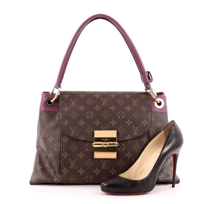 This authentic Louis Vuitton Olympe Handbag Monogram Canvas showcases the brand's heritage-inspired style with an added sophistication. Crafted from Louis Vuitton’s signature brown monogram coated canvas and aurore purple leather trims, this sturdy