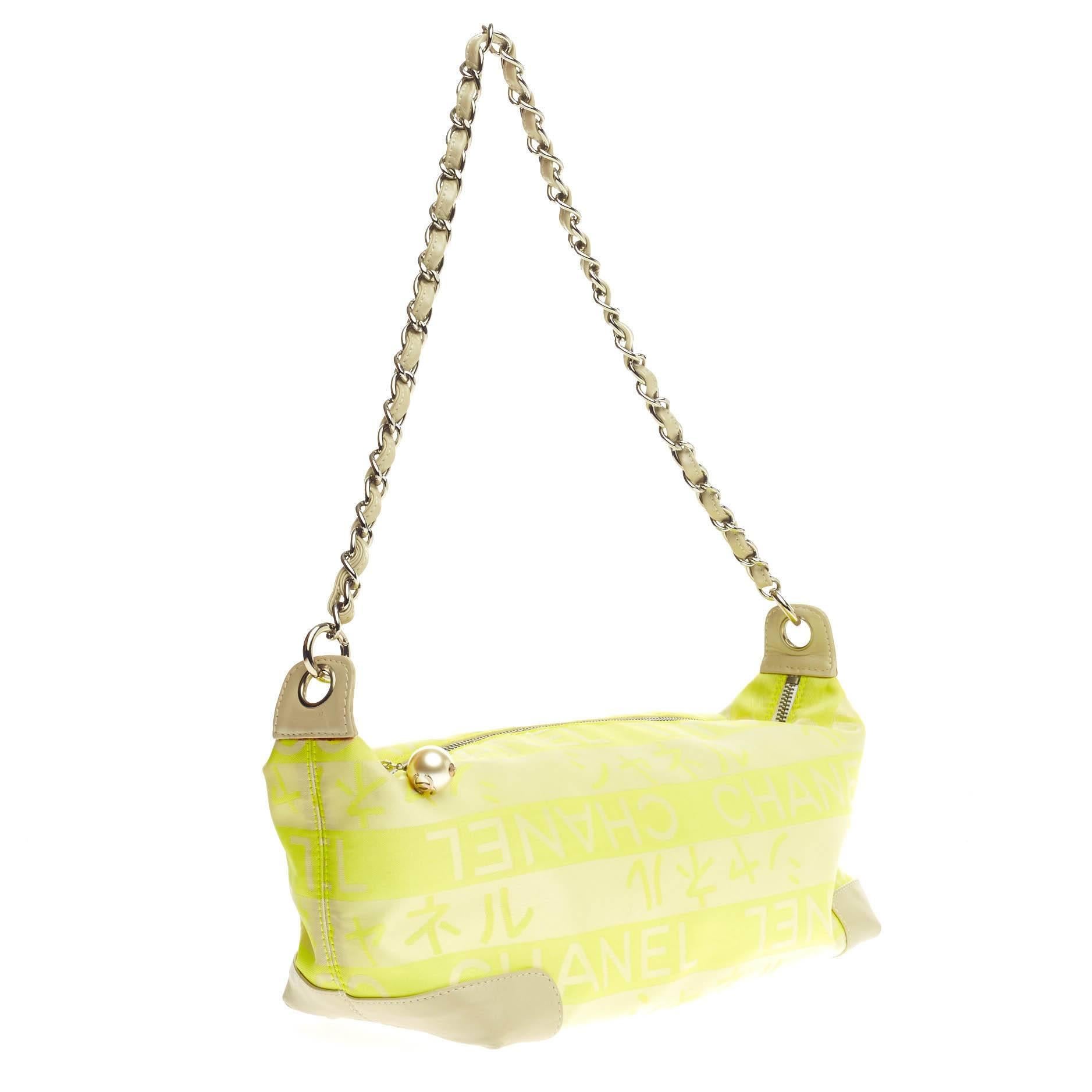 Yellow Chanel Pearl Charm Chain Shoulder Bag Printed Fabric Medium
