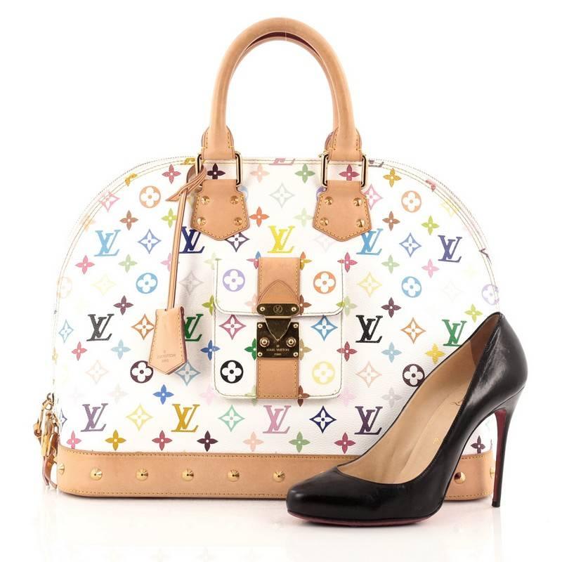 This authentic Louis Vuitton Alma Monogram Multicolor GM is a versatile structured bag that complements both dressy and casual look perfect for the modern woman. Designed with white monogram multicolor coated canvas with vachetta leather base, this