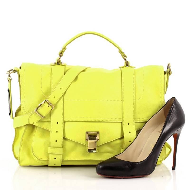 This authentic Proenza Schouler PS1 Satchel Leather Large is the ideal way to travel with style and functionality. Constructed from neon yellow leather, this popular satchel features an envelope-style front flap with two straps that slide through