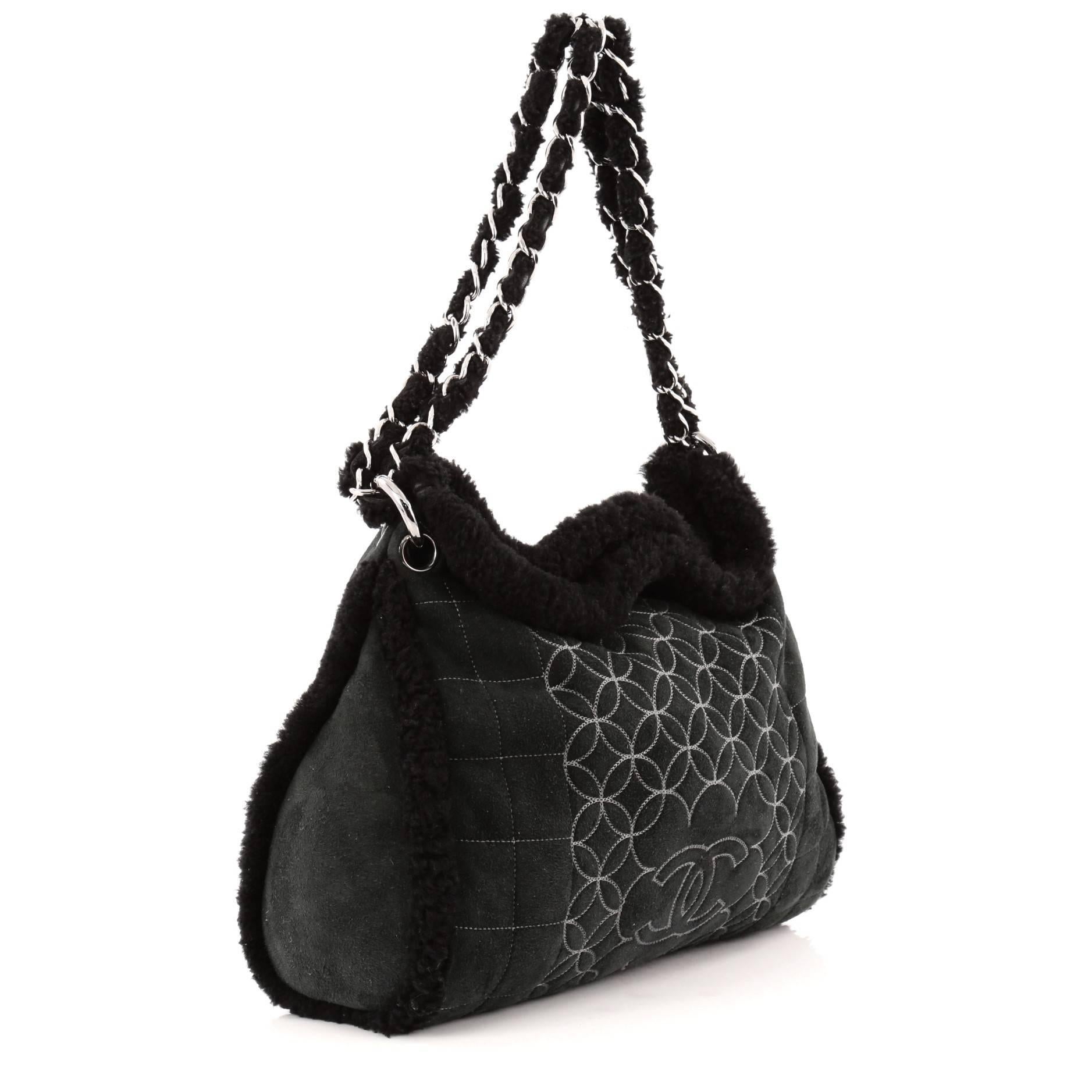 Black Chanel Embroidered CC Chain Tote Quilted Suede and Shearling