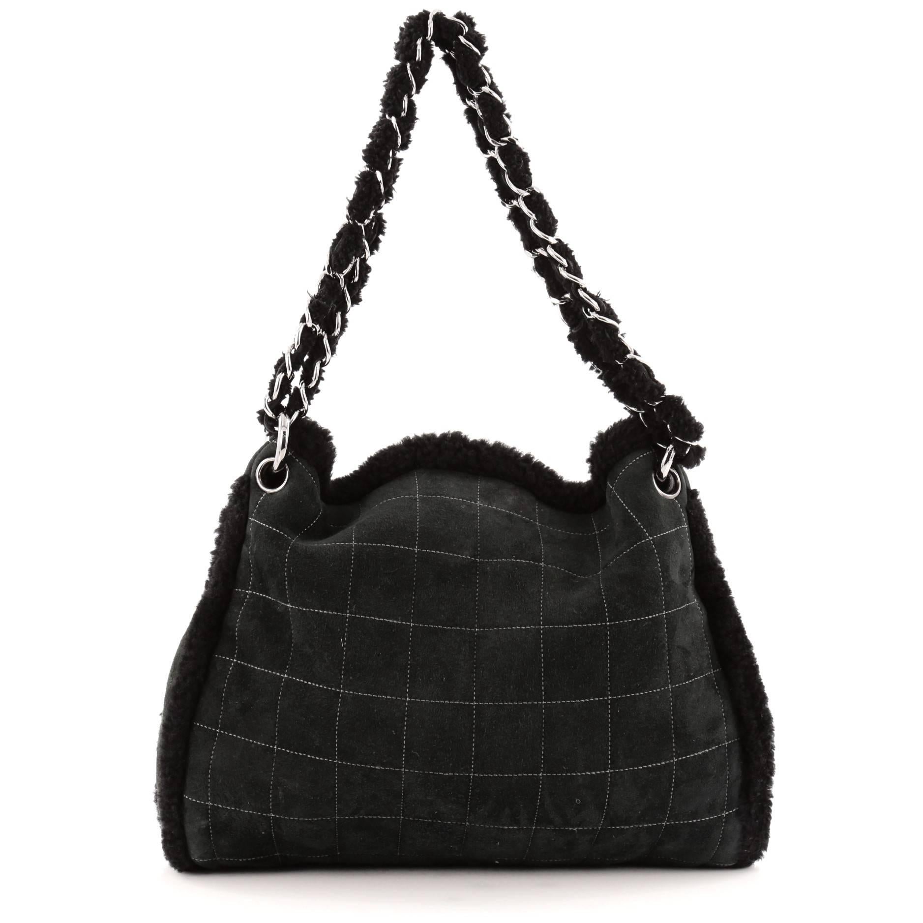 Chanel Embroidered CC Chain Tote Quilted Suede and Shearling In Good Condition In NY, NY