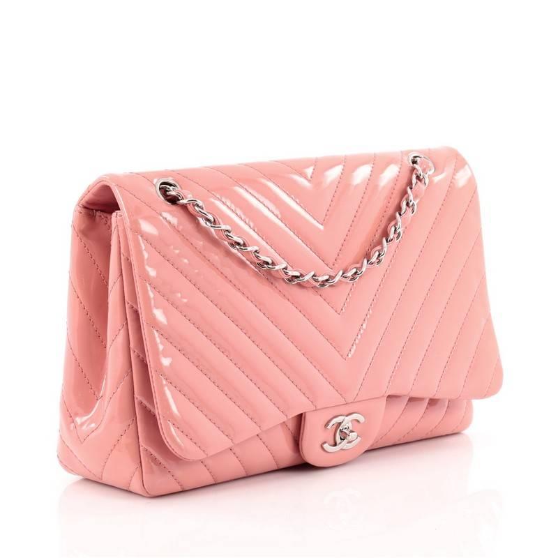 Pink Chanel Classic Single Flap Bag Chevron Patent Jumbo