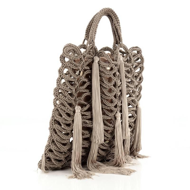 Jimmy Choo Delilah Tote Crochet Rope with Tassels Large In Good Condition In NY, NY