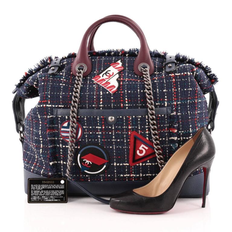 Chanel Crest Trip Bowling Bag Patch Embellished Tweed and Grained Calfski  at 1stDibs
