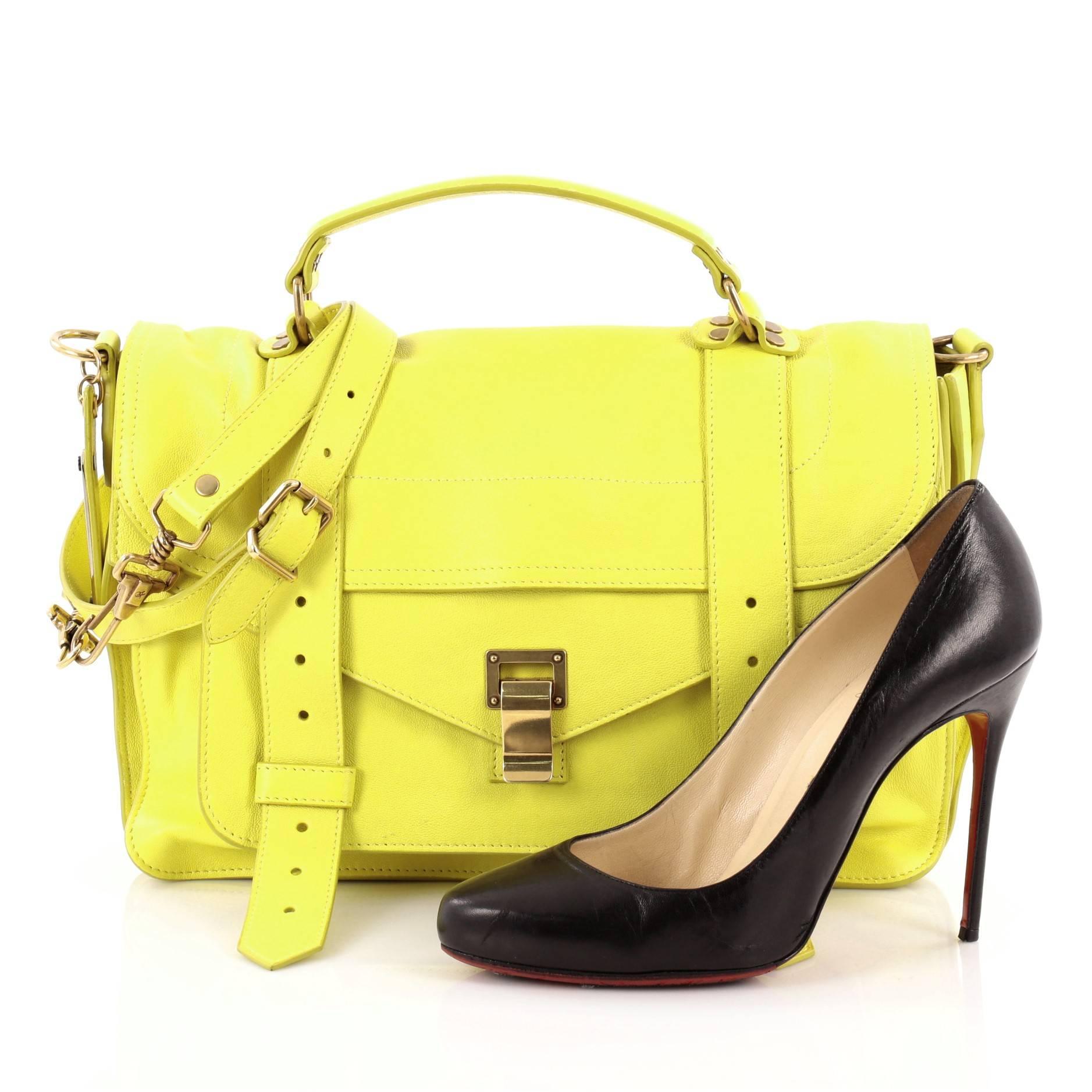 This authentic Proenza Schouler PS1 Satchel Leather Medium is the ideal way to travel with style and functionality. Constructed from neon lime leather, this popular satchel features an envelope-style front flap with two straps that slide through