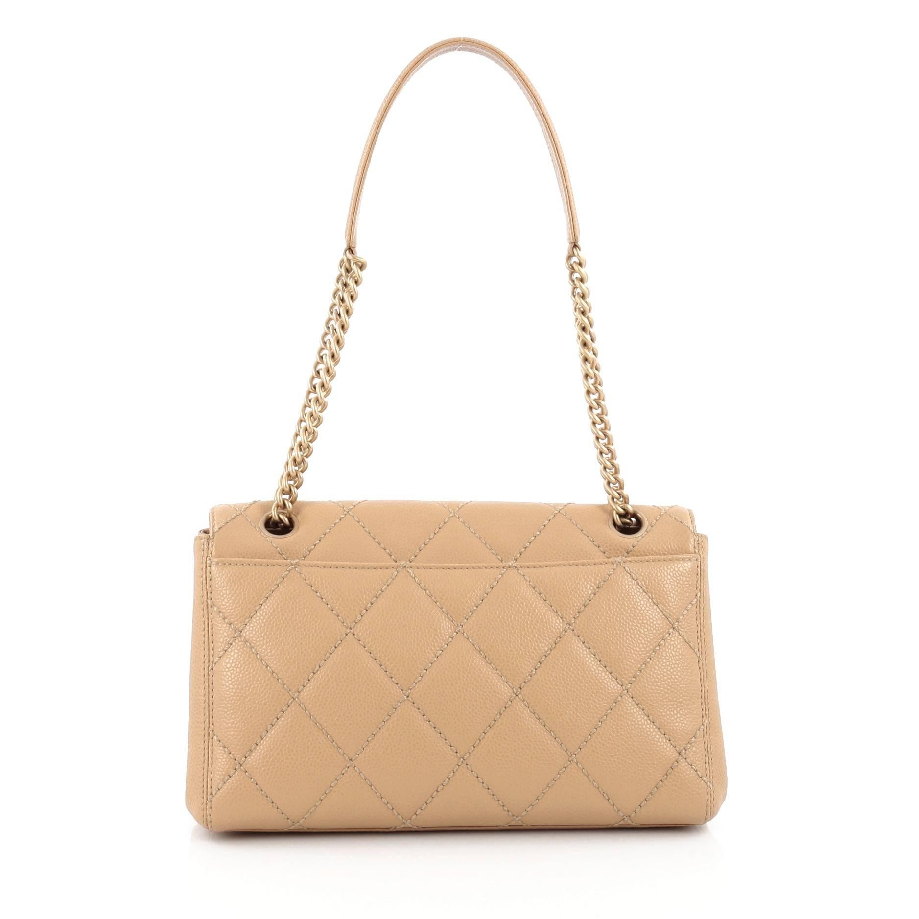 Beige Chanel Vintage Aged Chain CC Lock Flap Bag Quilted Caviar Small