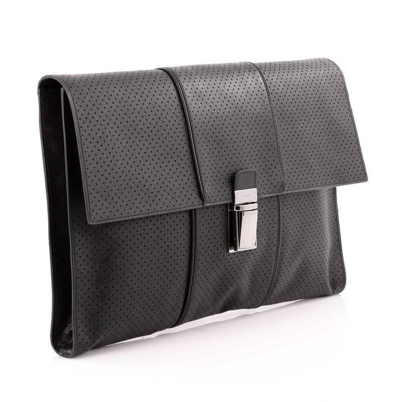 Black Prada Push Lock Portfolio Handbag Perforated Saffiano Leather Large