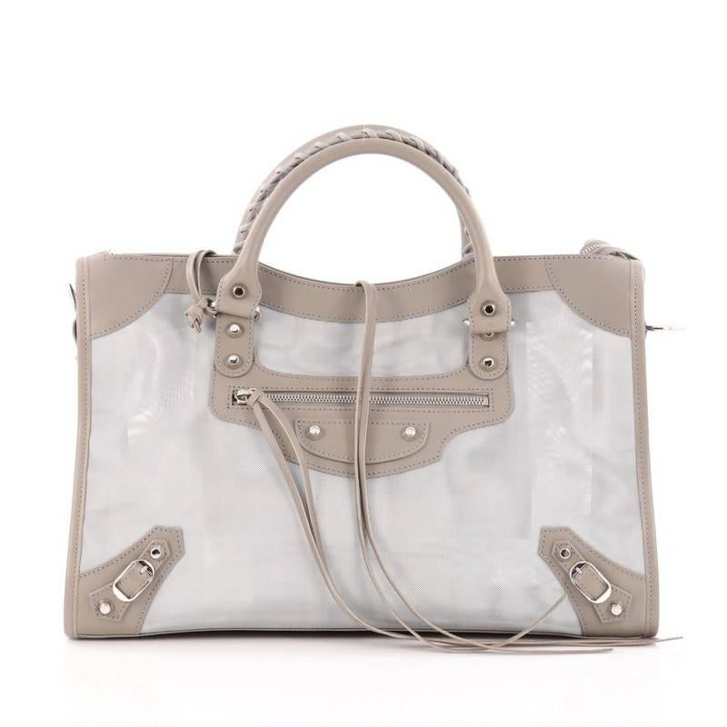 Gray Balenciaga City Classic Studs Handbag Mesh and Leather Medium