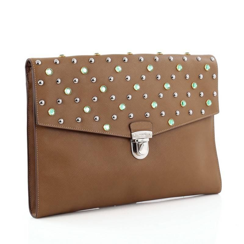 Brown Prada Push Lock Portfolio Handbag Studded Saffiano Leather Large