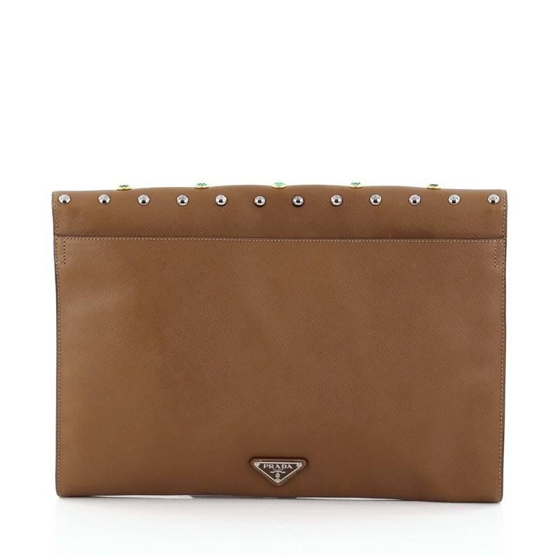 Prada Push Lock Portfolio Handbag Studded Saffiano Leather Large In Good Condition In NY, NY