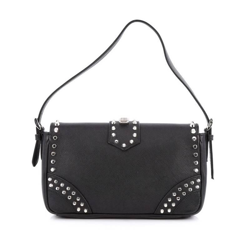 Prada Turnlock Flap Shoulder Bag Studded Saffiano Leather Medium In Good Condition In NY, NY