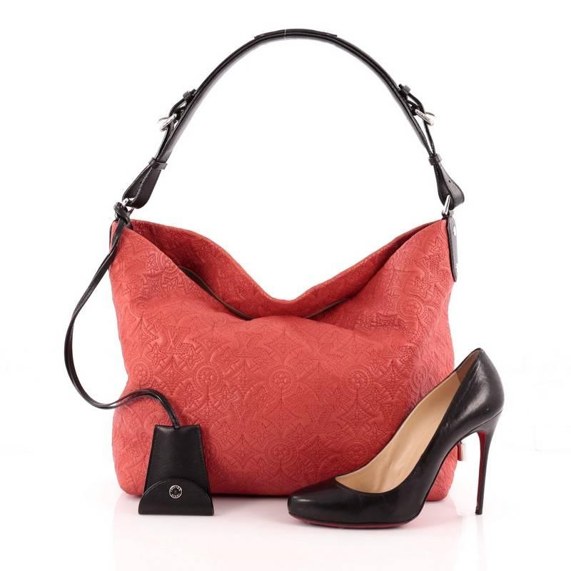 This authentic Louis Vuitton Antheia Hobo Leather PM inspired by the Greek goddess of flowers mixes casual elegance with exquisite craftsmanship. Luxuriously crafted from corail red leather with Louis Vuitton's monogram flower embossed stitching,