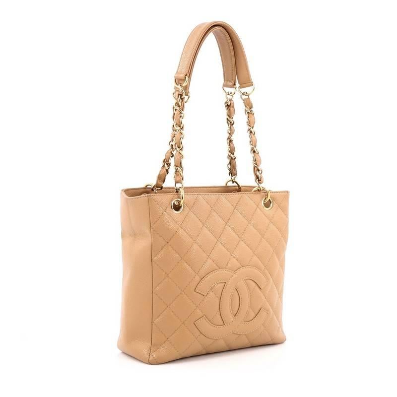 Beige Chanel Petite Shopping Tote Quilted Caviar