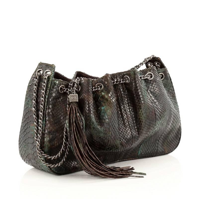 Black Chanel CC Tassel Drawstring Shoulder Bag Python Medium