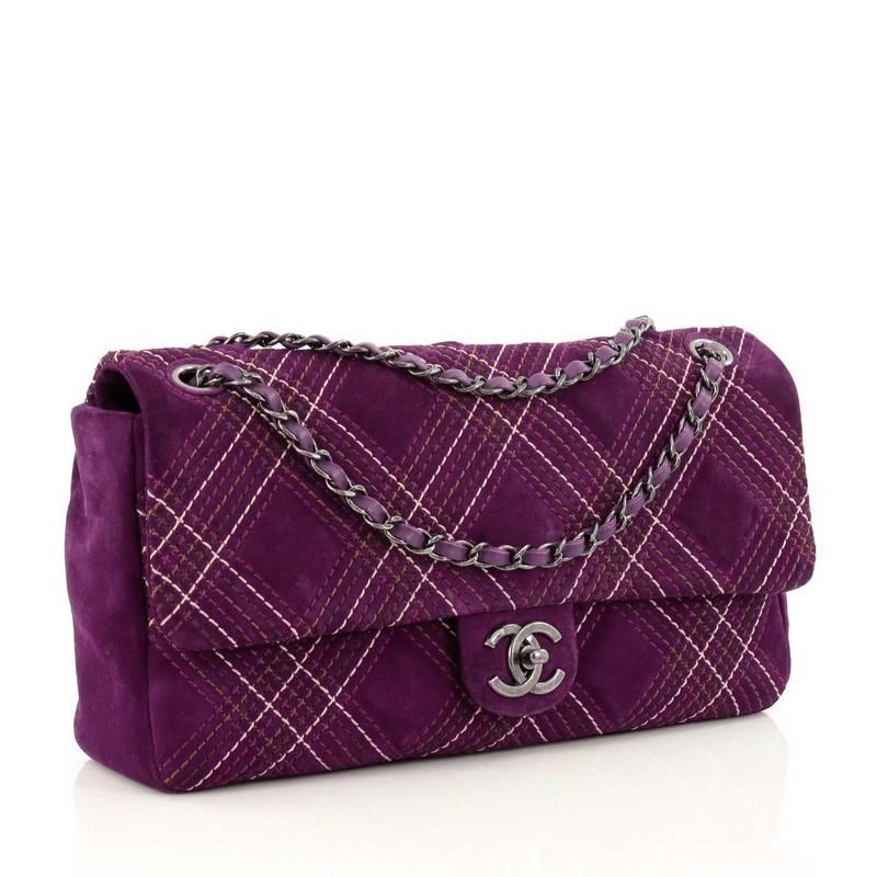 Purple Chanel Saltire Flap Bag Stitched Suede Medium