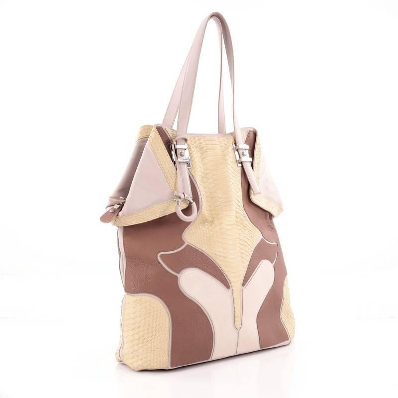 Beige Salvatore Ferragamo Origami Zip Bowler Bag Leather and Python Tall