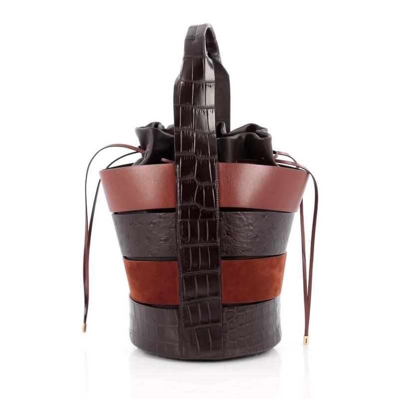 Salvatore Ferragamo Cut-Out Bucket Bag Crocodile and Ostrich with Suede Medium In Good Condition In NY, NY