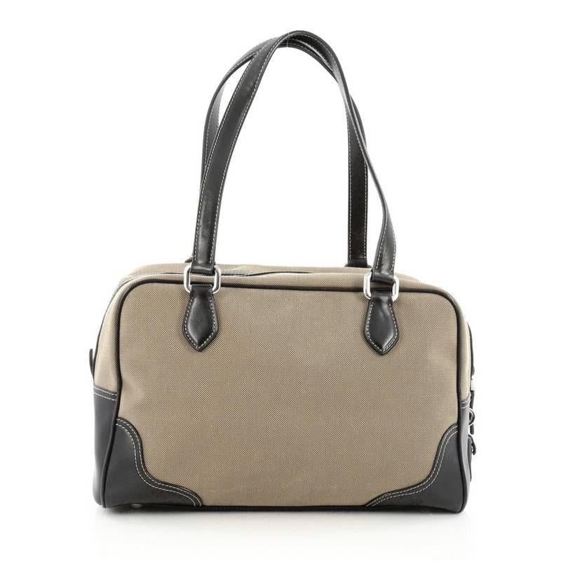 Prada Logo Bauletto Handbag Canvas with Leather Medium In Good Condition In NY, NY