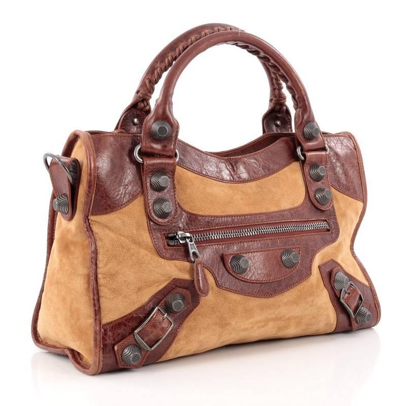 Brown Balenciaga City Giant Studs Handbag Suede and Leather Medium