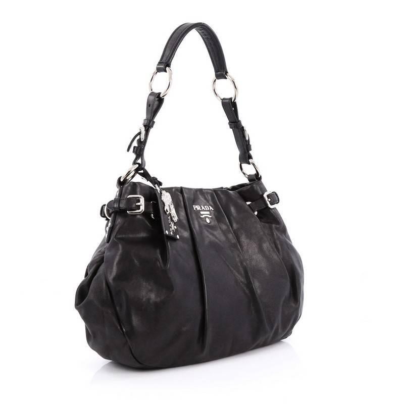 Black Prada Buckle Pleated Shoulder Bag Soft Calfskin Large