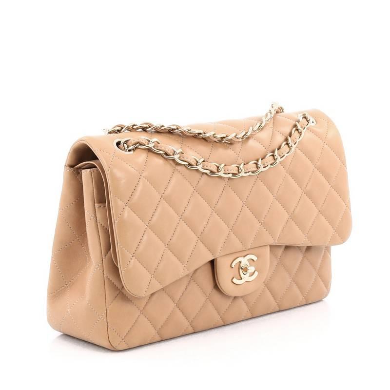 Beige Chanel Classic Double Flap Bag Quilted Lambskin Jumbo